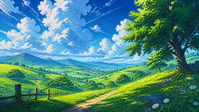 rolling hills with scattered trees under a big dramatic sky, no people