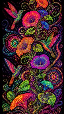 a climbing vine of flowers and hummingbirds on a dark background, tall wrapping composition, no text