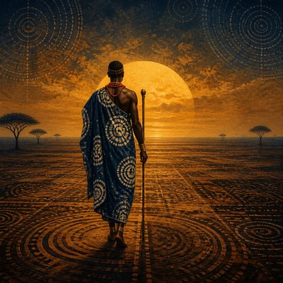 a solitary figure walking toward a glowing horizon across an empty plain, moody atmosphere, no text or lettering