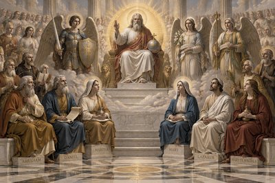 the saints in heaven around the throne of God  - and among the saints are Abraham, , Daniel the prophet, Martha, Mary, and Lazarus and  Mary of Magdala, the Archangels Michael, Gabriel, and Raphael. and many others as well