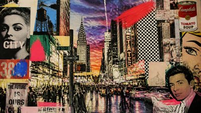 bustling city street panorama at dusk