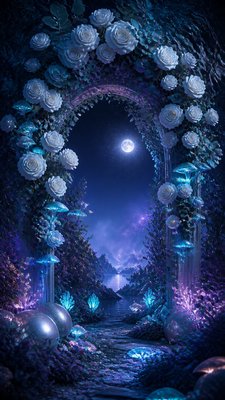 an arch of white roses and eucalyptus in soft morning light, elegant vertical composition with open space, no text