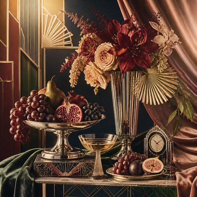 still life arrangement of fruits and flowers