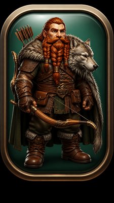 full-body original character: a dwarven ranger with a braided auburn beard, worn leather armor, a longbow and a wolf-pelt cloak, neutral background, no text