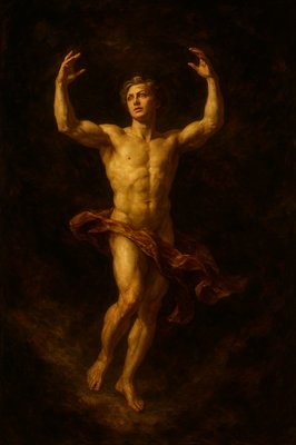 a painting of a man with a towel around his neck