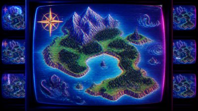 a map of an island realm with mountains, forests, a sheltered bay, sea monsters in the water and a compass rose, no text labels