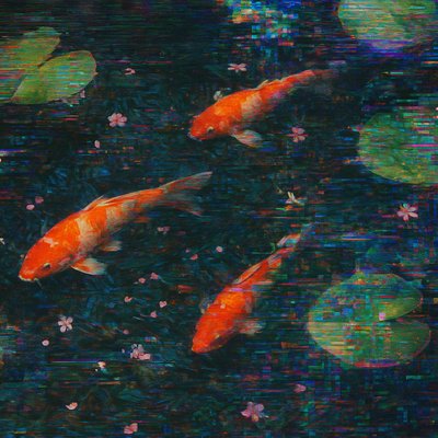 A koi pond seen from above, orange and white koi fish swimming among lily pads, clear water with subtle ripples, fallen cherry blossom petals floating on the surface, dappled sunlight