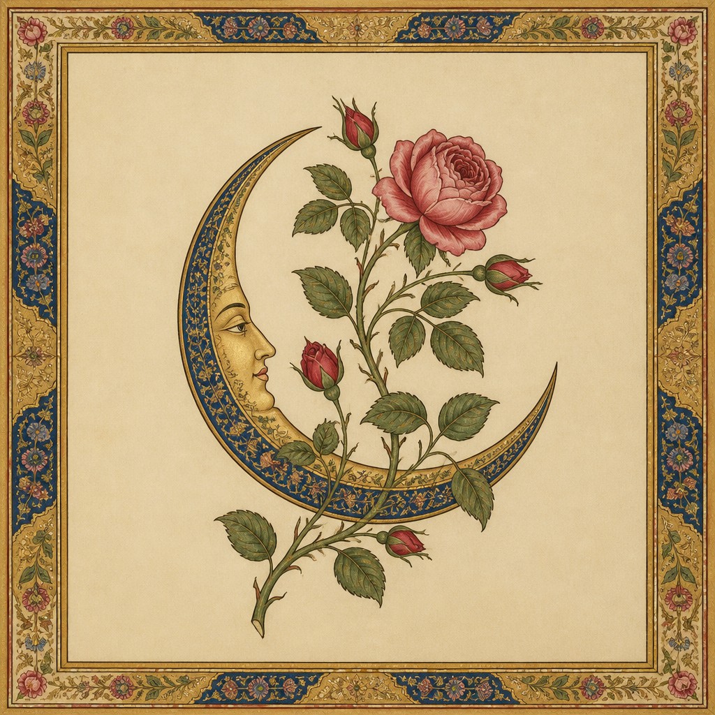 a rose entwined with a crescent moon, clean balanced composition on a plain background, no text
