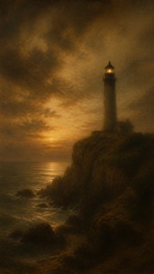 a lone lighthouse on a cliff at dusk under a dramatic sky, no text or lettering