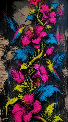 a climbing vine of flowers and hummingbirds on a dark background, tall wrapping composition, no text