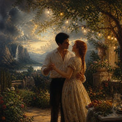 an original couple dancing under string lights in a garden at dusk: a man with short black hair in a linen shirt and a woman with braided red hair in a summer dress