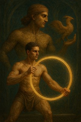 a painting of a man holding a circular object