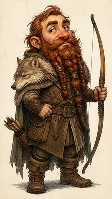 full-body original character: a dwarven ranger with a braided auburn beard, worn leather armor, a longbow and a wolf-pelt cloak, neutral background, no text