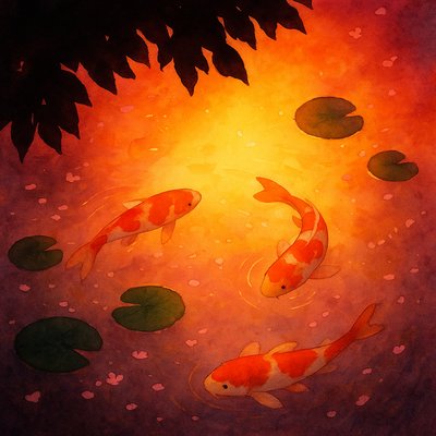 A koi pond seen from above, orange and white koi fish swimming among lily pads, clear water with subtle ripples, fallen cherry blossom petals floating on the surface, dappled sunlight