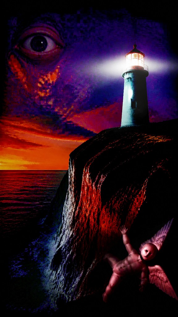 a lone lighthouse on a cliff at dusk under a dramatic sky, no text or lettering