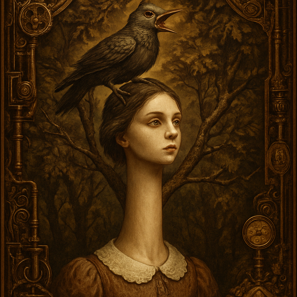 Surreal image of Alice (Chapter 2). Alice's cotton dress is visible below, but her neck is elongated into a smooth, pale column, stretching past the upper tree line. Her head is framed by the topmost leaves and branches. One furious Pigeon is perched precariously on her high crown, squawking. The branches of the trees scrape against the smooth skin of her neck. Emphasize the texture difference between the rough bark, the soft leaves, the white collar of her dress, and the seamless, unnaturally stretched skin of her neck. Hyper-detailed digital painting, fantasy surrealism, sharp focus,