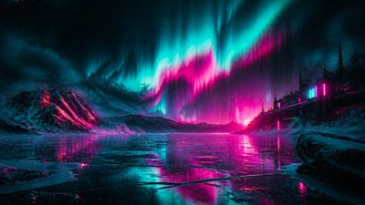 a sweeping aurora over a frozen lake, no people