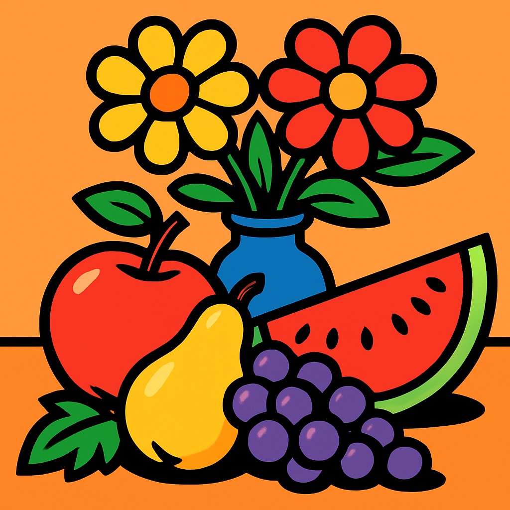still life arrangement of fruits and flowers