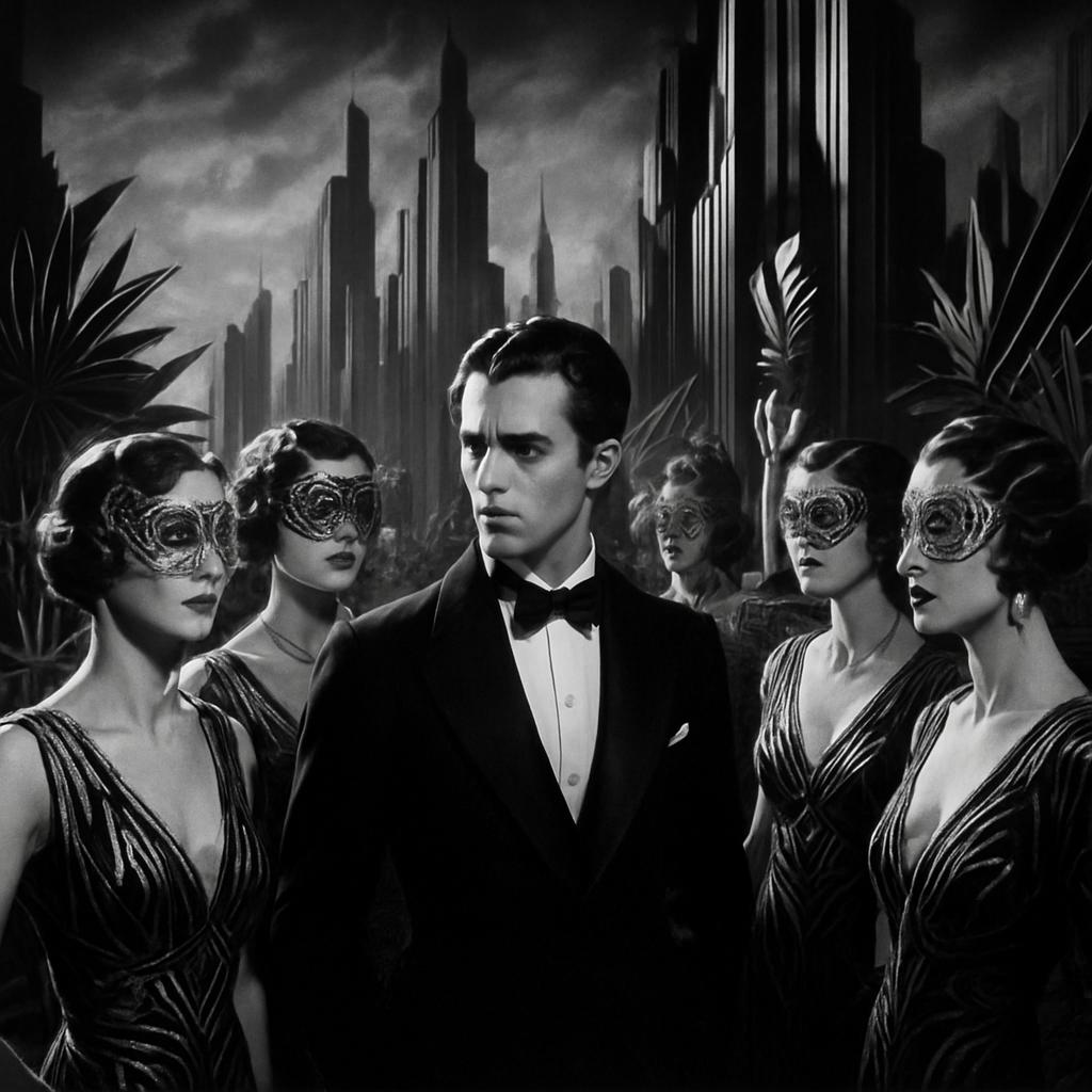 A stunning, high-contrast black and white cinematic still, mimicking the style of 1920s German Expressionism. Depict a luxurious, futuristic rooftop garden party. The scene features Freder, the young master, surrounded by several glamorous, wealthy, aristocratic ladies. The women are all dressed in ornate, art-deco-inspired gowns, their hair styled in sleek 1920s waves. Each lady wears an intricate, opulent Venetian masquerade mask that covers their eyes, adding an element of mystery and formality. In the background, the colossal, sharp, angular skyscrapers of the 'Metropolis' cityscape loom under a dramatic, moody sky. The garden is filled with exotic, highly geometric and stylized plants and gilded statues, reflecting the extreme wealth of the elite. 