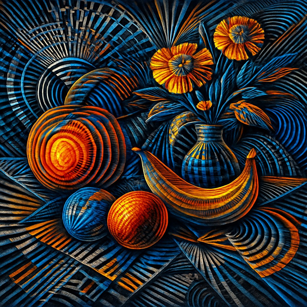 still life arrangement of fruits and flowers