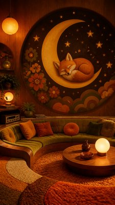 a sleeping baby fox curled on a crescent moon among soft stars, gentle and warm, no text