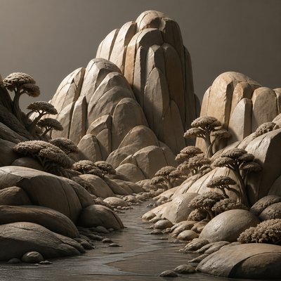 wide landscape with natural scenery — Sculptural Form Art Style