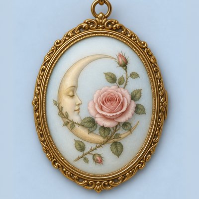 a rose entwined with a crescent moon, clean balanced composition on a plain background, no text