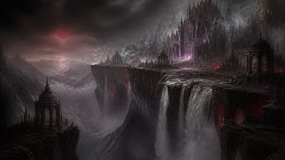 a cliffside city with waterfalls cascading into a misty canyon, wide establishing shot, no people, no text