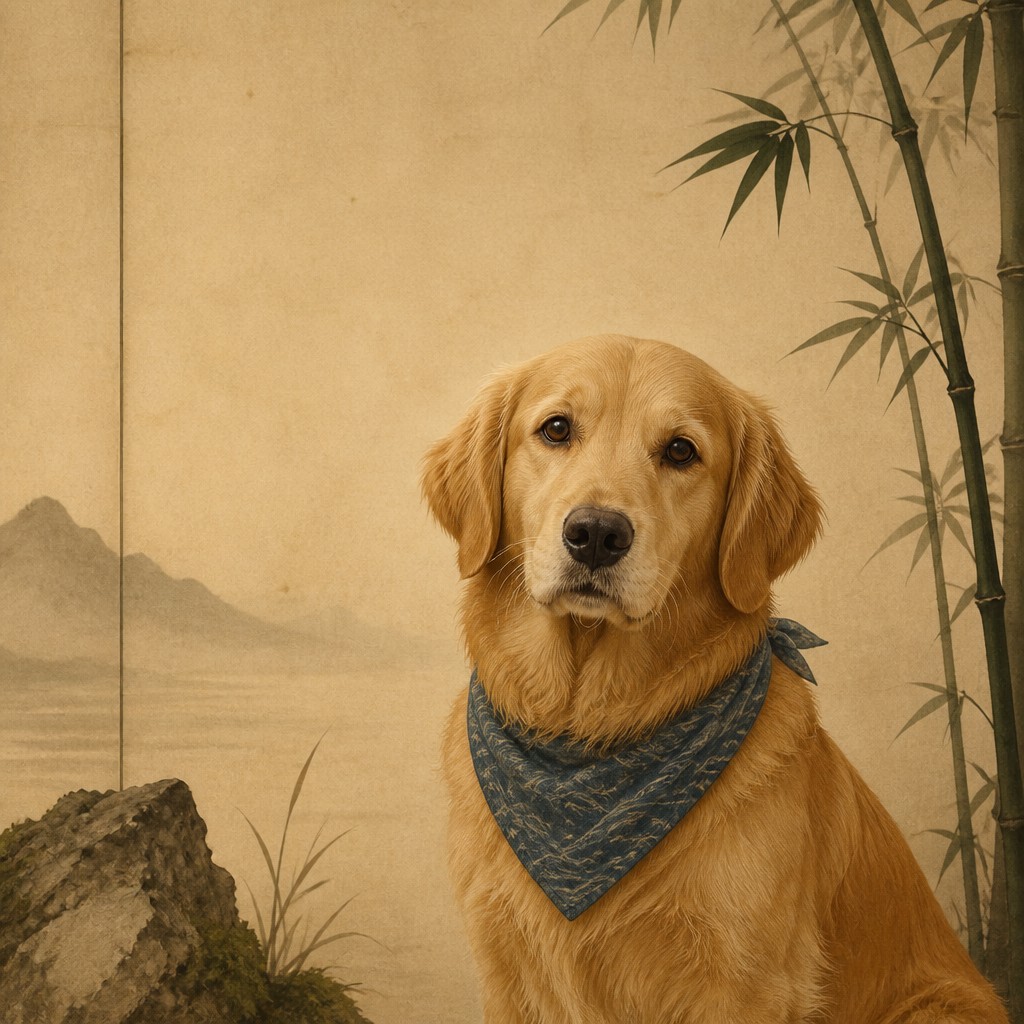 portrait of a golden retriever wearing a blue bandana, warm plain backdrop, no text