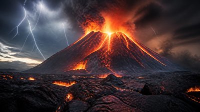 an erupting volcano with lightning strikes, dramatic wide composition, no text