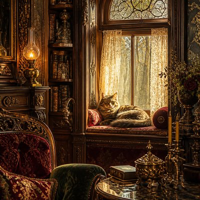 a cat lounging in a sunlit window