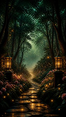 a mysterious forest path with fireflies and drifting mist, atmospheric vertical composition with open space at the top, no text