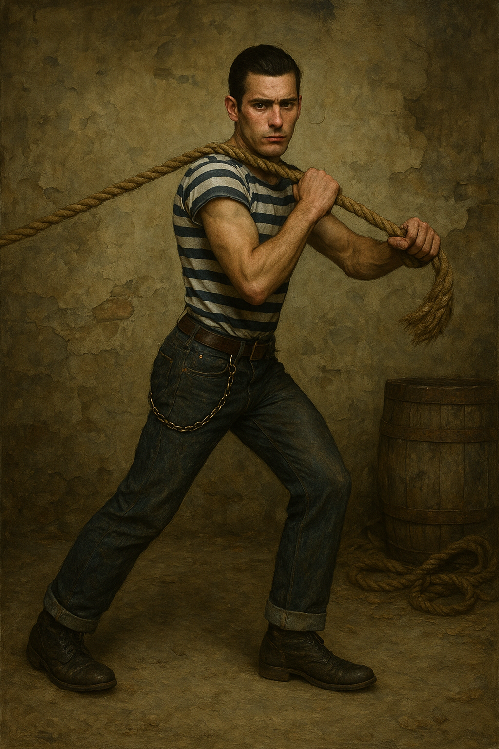 a painting of a man holding a rope