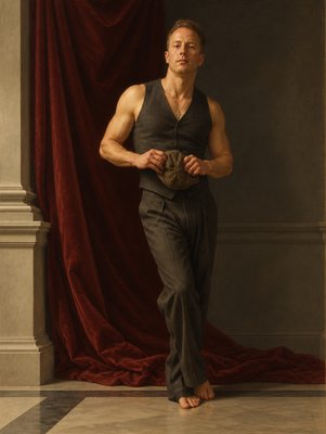 a man standing in front of a red curtain