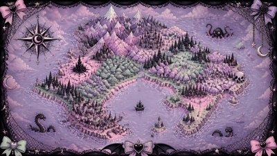 a map of an island realm with mountains, forests, a sheltered bay, sea monsters in the water and a compass rose, no text labels