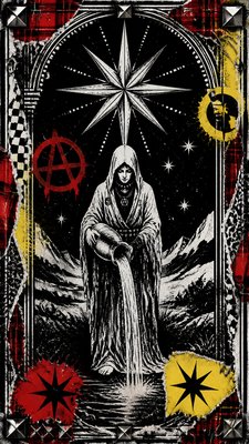 a robed figure pouring water beneath a large eight-pointed star in a night sky, symmetrical composition with an ornate decorative border, no text