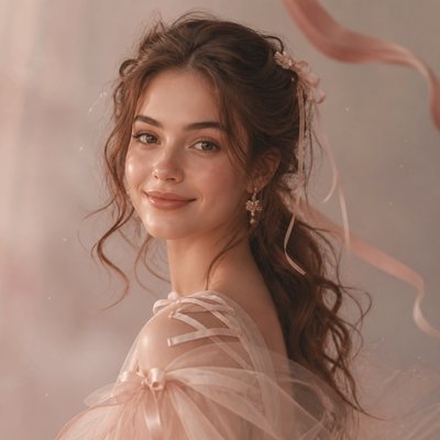 head-and-shoulders portrait of an original character: a young woman with wavy chestnut hair and a warm smile, plain soft backdrop