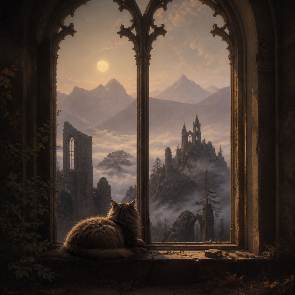 a cat lounging in a sunlit window — Dresden Romantic Art Style