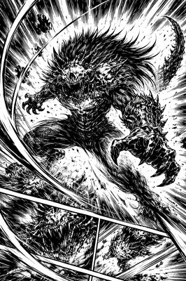 a black and white drawing of a monster on a surfboard