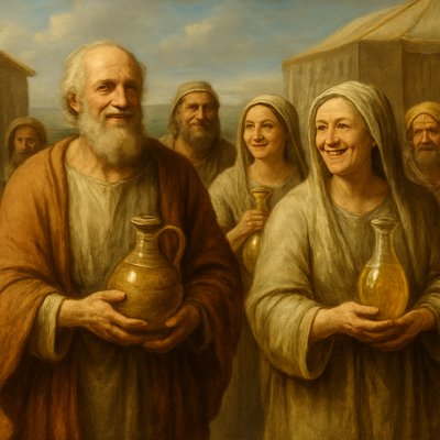 Renaissance Painting Art Style, a joyful and purposeful group of ancient Israelites, including smiling elderly men and women, walking with a sense of contentment and humble pride. Each carries beautifully crafted clay jars or alabaster flasks filled with pure, clear, golden oil of pressed olives. The oil shimmers with an ethereal clarity within the translucent vessels. They are making their way along a sunny path in the Tabernacle courtyard, with glimpses of the Tabernacle structure in the background. The light is bright and warm, illuminating their radiant faces and highlighting the honor and devotion in their offering. Focus on the rich textures of their simple linen garments, the liquid clarity and glow of the olive oil, and the celebratory, devotional atmosphere of their task.