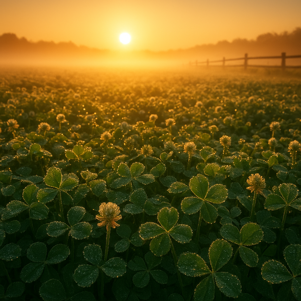 Cinematic Nature Photography, Golden Hour Backlighting, Macro Details. A breathtaking, wide-angle landscape photograph of a sprawling, lush field completely carpeted in thick clover captured at the precise moment of sunrise.
The Light: The sun is just cresting the horizon directly ahead, casting intensely warm, golden rays of light that backlight the scene. Every individual clover leaf and flower head is rim-lit, making them appear Almost translucent and glowing against the light. Long, dramatic shadows stretch toward the viewer.
The Atmosphere & Texture: Heavy morning dew clings to every surface, creating thousands of tiny, sparkling droplets that catch the rising sun like jewels. Soft, low-lying ground mist weaves through the distant parts of the field and along an old wooden fenceline in the background, softening the horizon.
The Composition: The focus is razor-sharp in the immediate foreground, showing the intricate textures of the wet leaves and petals, while the background dissolves into a warm, hazy, golden glow. The air feels cool and fresh.