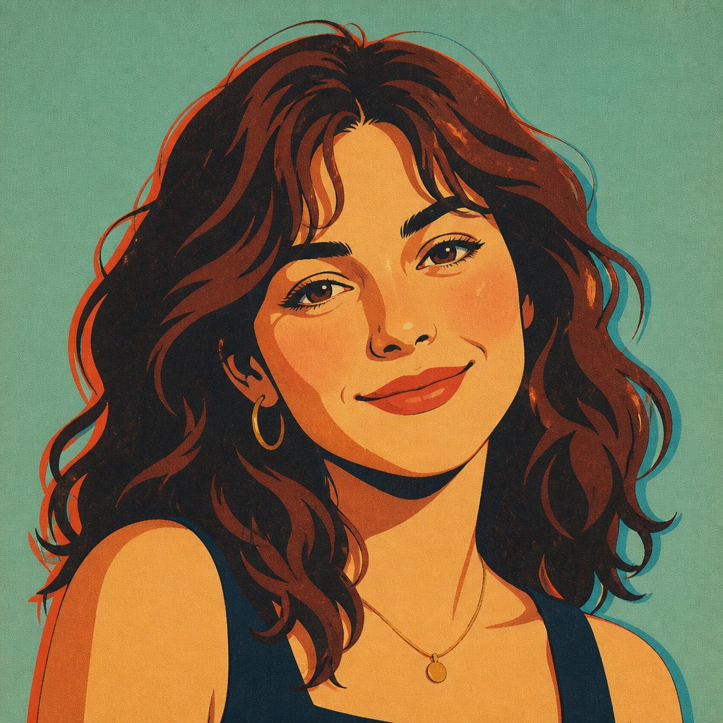 head-and-shoulders portrait of an original character: a young woman with wavy chestnut hair and a warm smile, plain soft backdrop