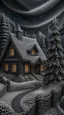 a snow-covered cottage with warm glowing windows beside a decorated pine tree, gentle snowfall, no text