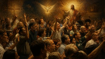 a painting of a crowd of people in a church