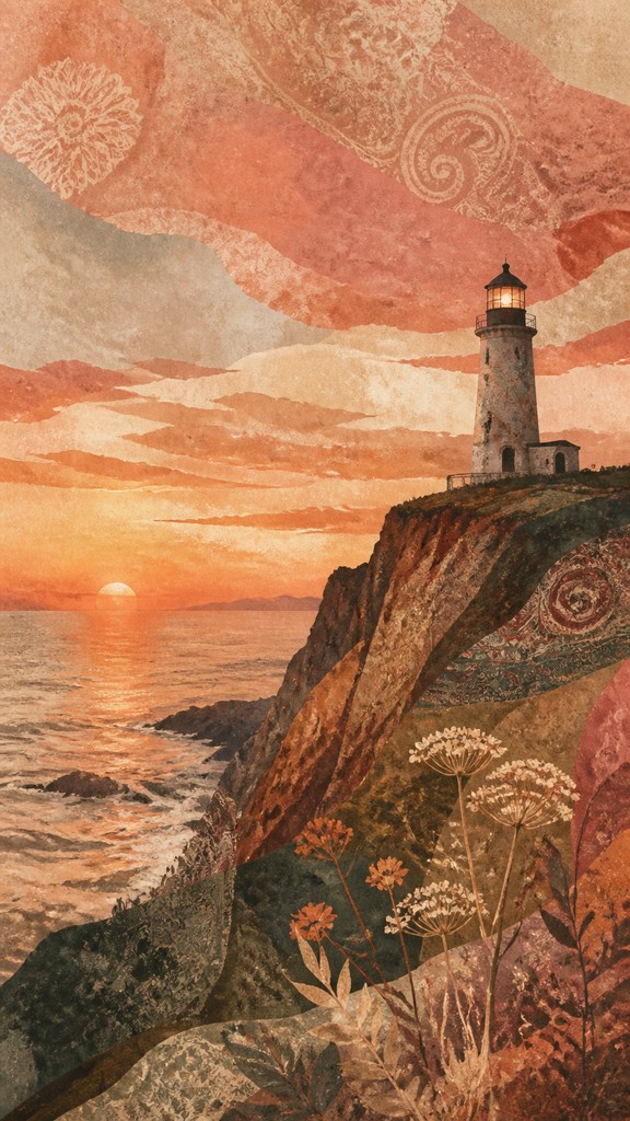 a lone lighthouse on a cliff at dusk under a dramatic sky, no text or lettering