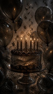 a birthday cake with lit candles surrounded by balloons and confetti, festive vertical composition, no text