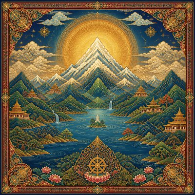 serene landscape with mountains and water