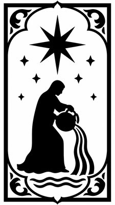 a robed figure pouring water beneath a large eight-pointed star in a night sky, symmetrical composition with an ornate decorative border, no text