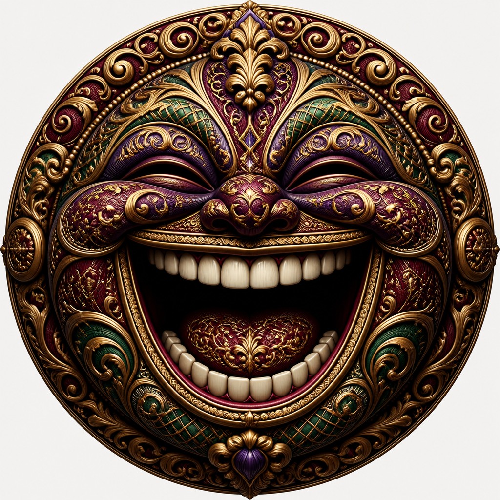 an exaggerated laughing face of an original round mascot character, bold and readable at small size, plain background, no text