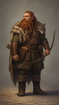 full-body original character: a dwarven ranger with a braided auburn beard, worn leather armor, a longbow and a wolf-pelt cloak, neutral background, no text